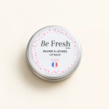 Baume à lèvres bio fraise Be Fresh & Bio en boîte métal, étiquette rose