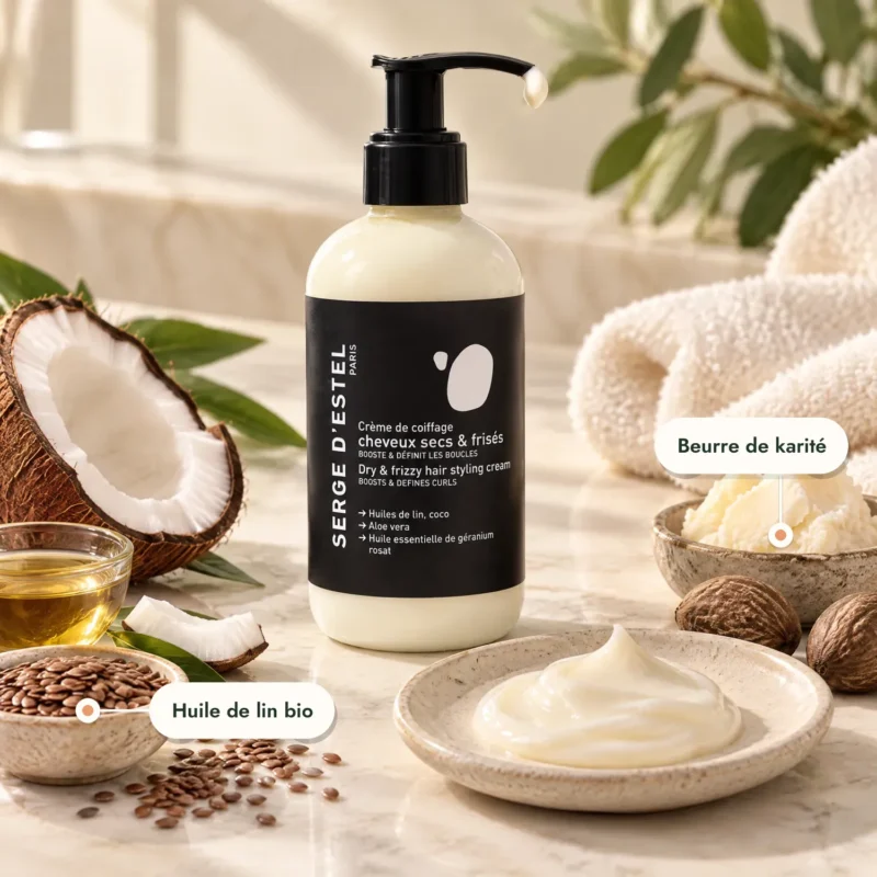 Crème de coiffage cheveux frisés, texture onctueuse, coco et lin