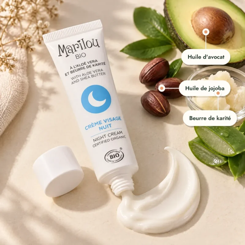 Tube crème visage nuit Marilou Bio, texture, avocat et aloe vera