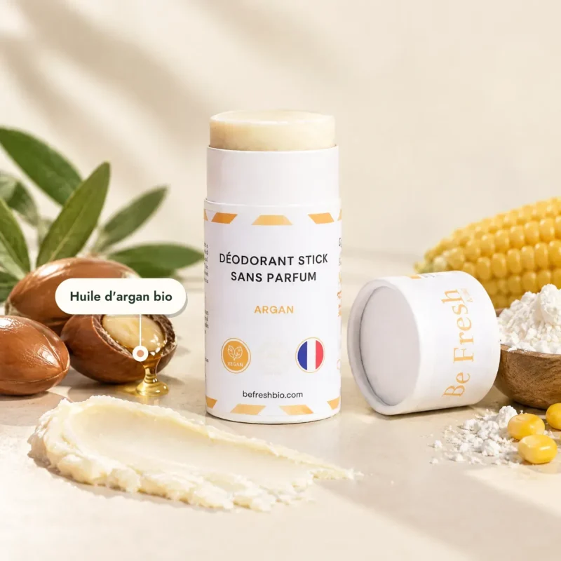 Déodorant stick sans parfum ouvert, texture crème, noix d'argan et maïs