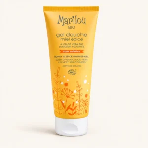 Tube jaune Marilou Bio gel douche miel épicé sans sulfates, fond crème