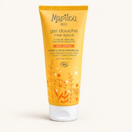 Tube jaune Marilou Bio gel douche miel épicé sans sulfates, fond crème