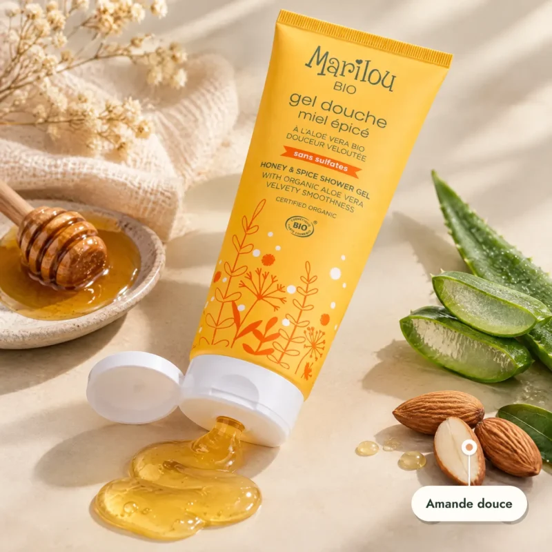 Gel douche miel épicé Marilou Bio, texture dorée, aloe vera et amandes