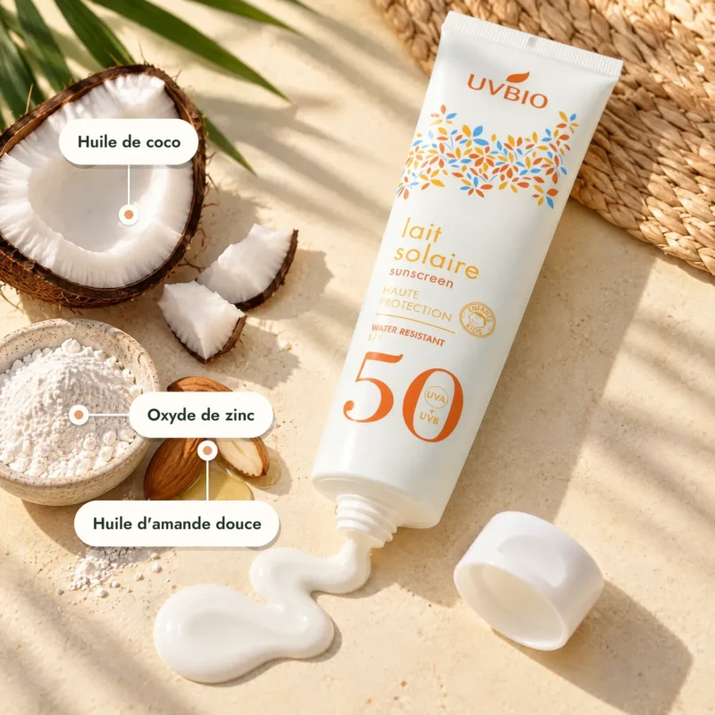 Texture blanche du lait solaire bio UVBIO SPF50, coco et amandes