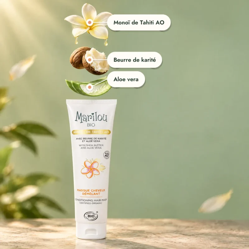 Masque cheveux Marilou Bio au monoï avec fleur de tiaré, karité et aloe vera