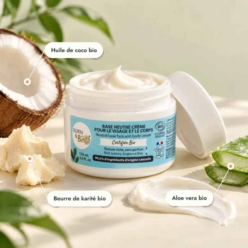 Pot ouvert de crème bio Born To Bio, beurre de karité, coco et aloe