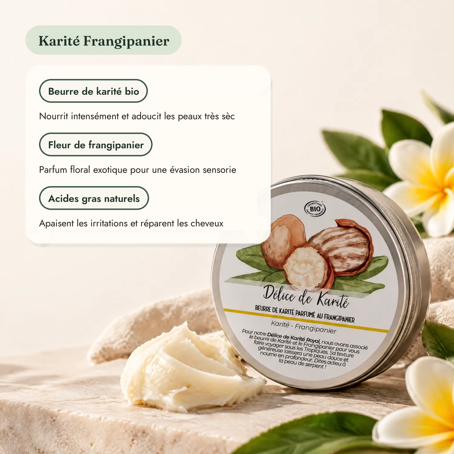 Beurre de karité bio frangipanier et ses bienfaits, pot et texture