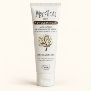 Tube crème anti-âge bio à l'huile d'argan Marilou Bio sur fond beige