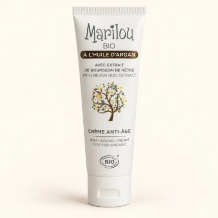 Tube crème anti-âge bio à l'huile d'argan Marilou Bio sur fond beige