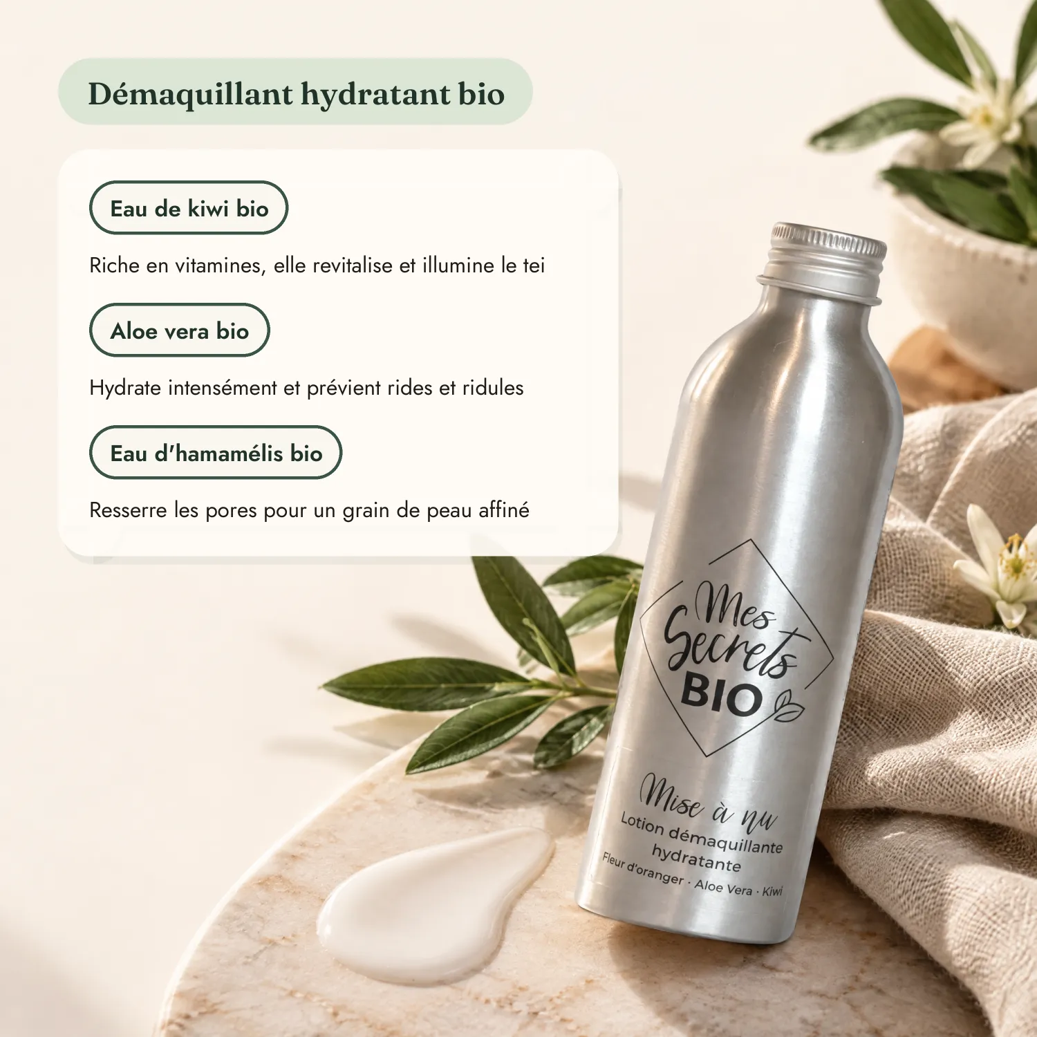Démaquillant Mise à nu bio et ses actifs kiwi, aloe vera, hamamélis