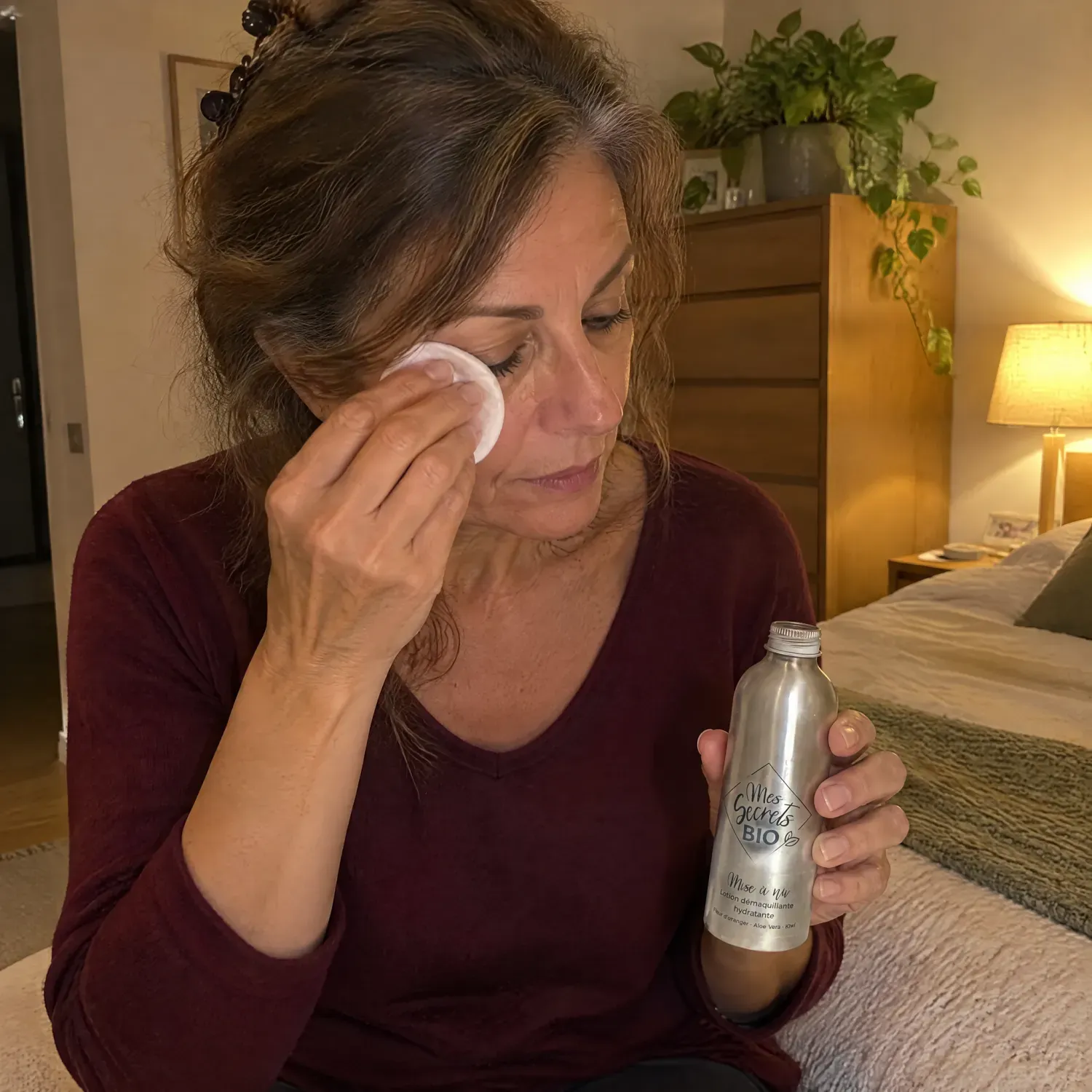 Femme se démaquillant l'œil avec un coton et le flacon Mise à nu bio
