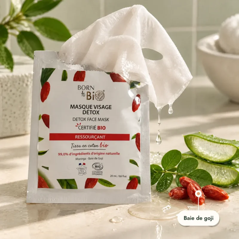 Masque tissu coton bio détox imbibé de sérum, baies de goji et aloe vera