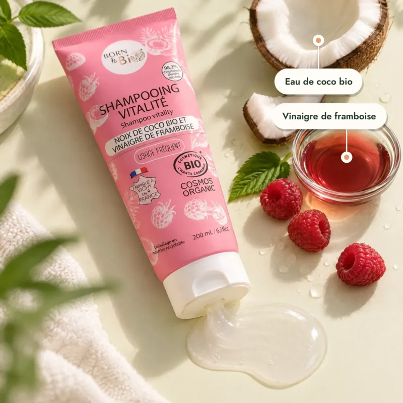 Tube shampooing Born To Bio ouvert, gel translucide, coco et framboises