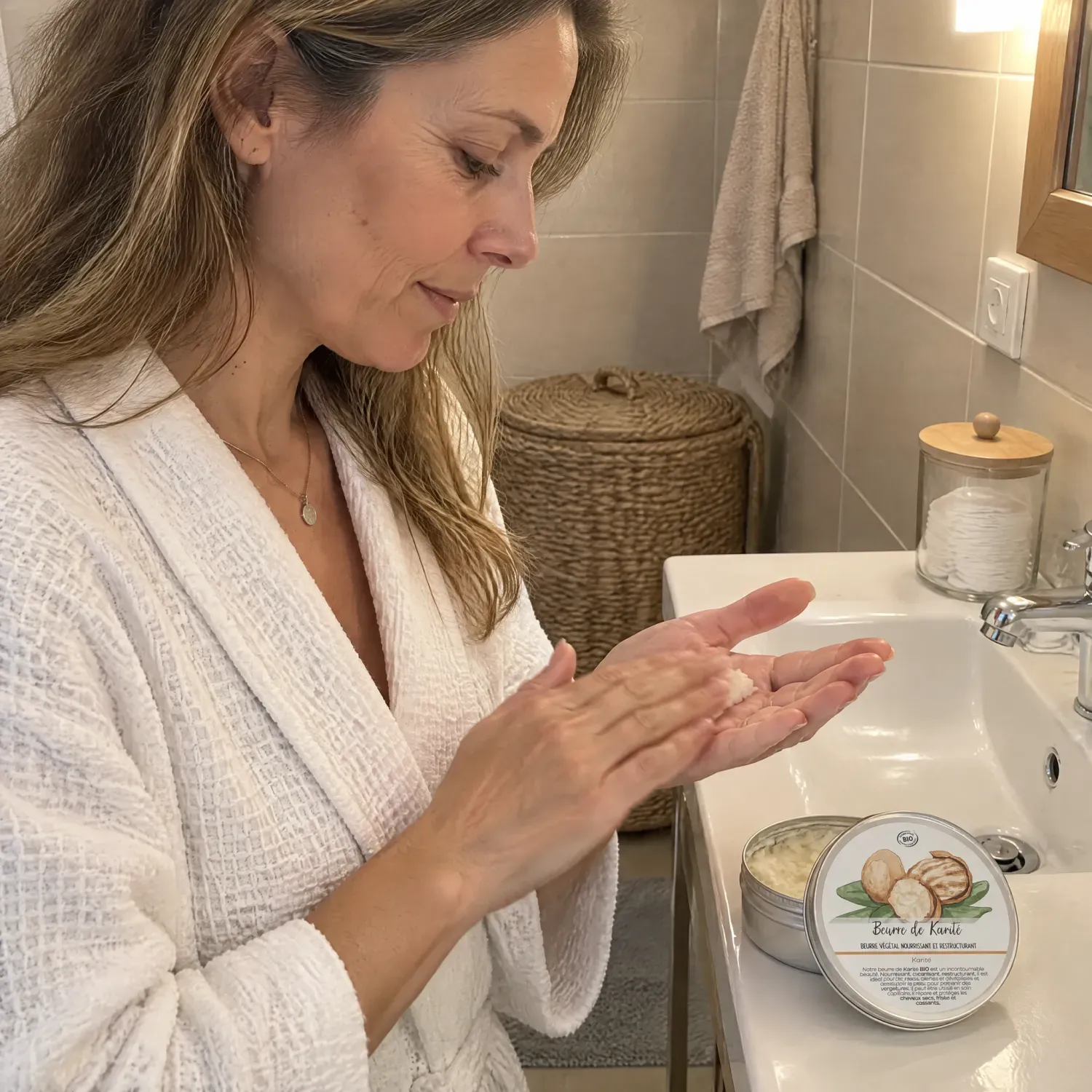 Femme en peignoir chauffant du beurre de karité bio entre ses mains