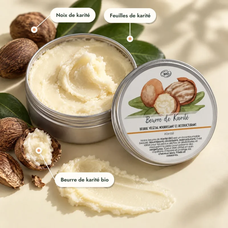 Texture onctueuse du beurre de karité BIO et noix de karité ouvertes