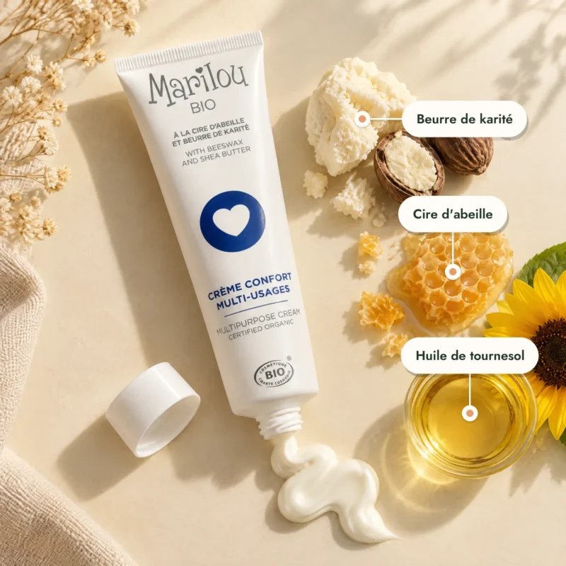 Crème Confort Marilou Bio, texture, karité, cire d'abeille et tournesol