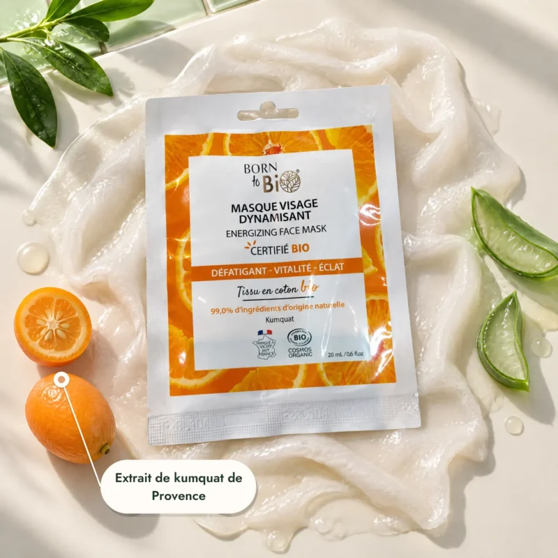 Masque tissu dynamisant Born To Bio sur texture, kumquat et aloe vera