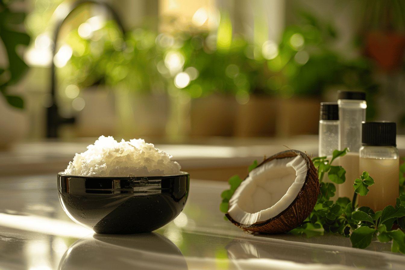 Bol de noix de coco avec une texture crémeuse dans un paysage verdoyant