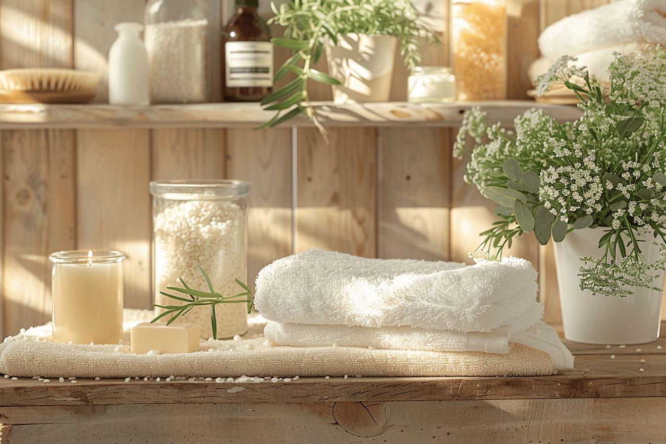 Atmosphère apaisante avec serviettes, savons et fleurs dans un intérieur en bois