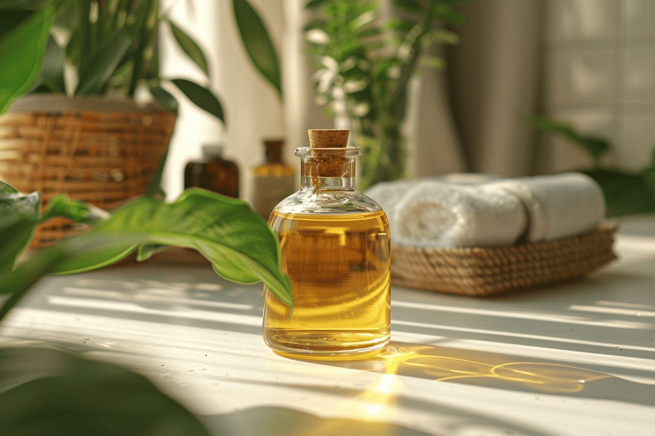Bouteille d'huile végétale transparente sur un plan de travail avec des feuilles vertes