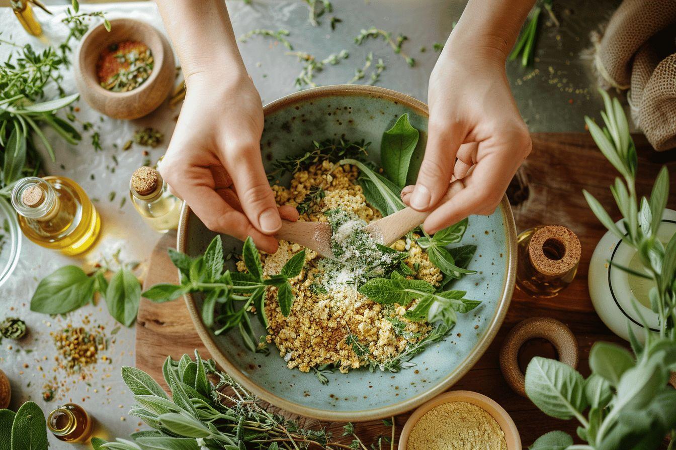 Gros plan sur des mains préparant un plat à base de légumes et d'herbes fraîches