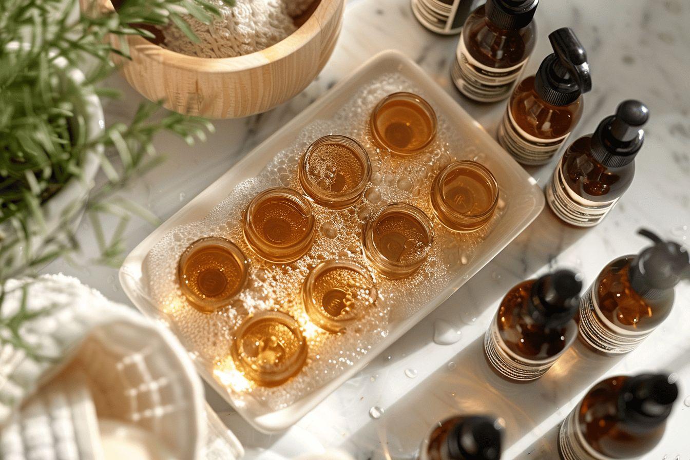 Gros plan sur une variété de teintures et d'huiles naturelles dans des récipients en verre.