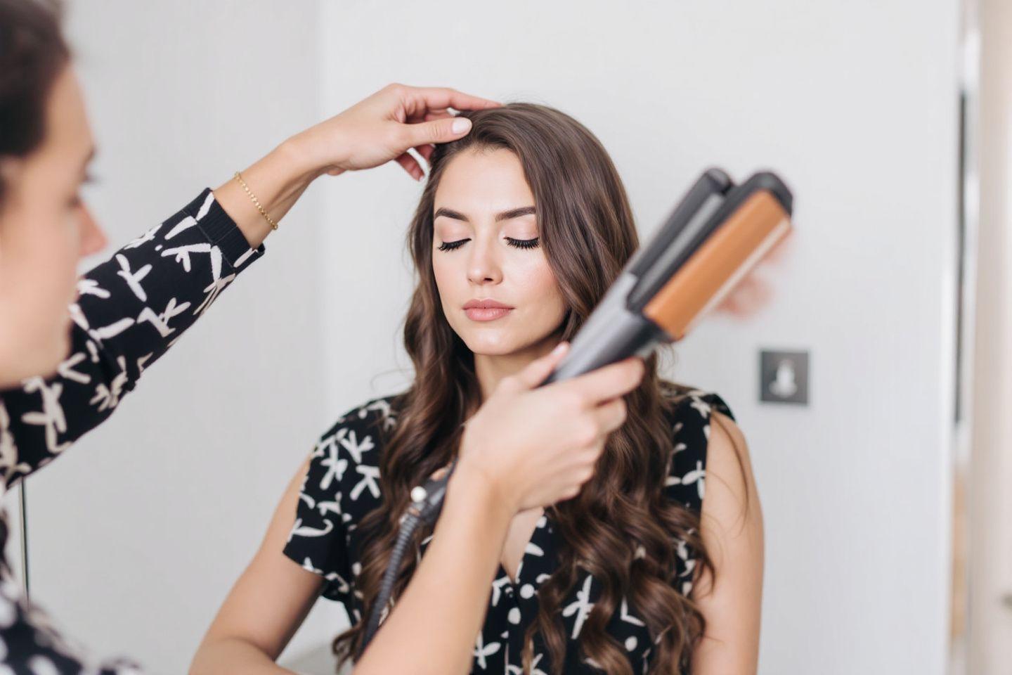 Styliste coiffant les cheveux d'une femme avec un fer