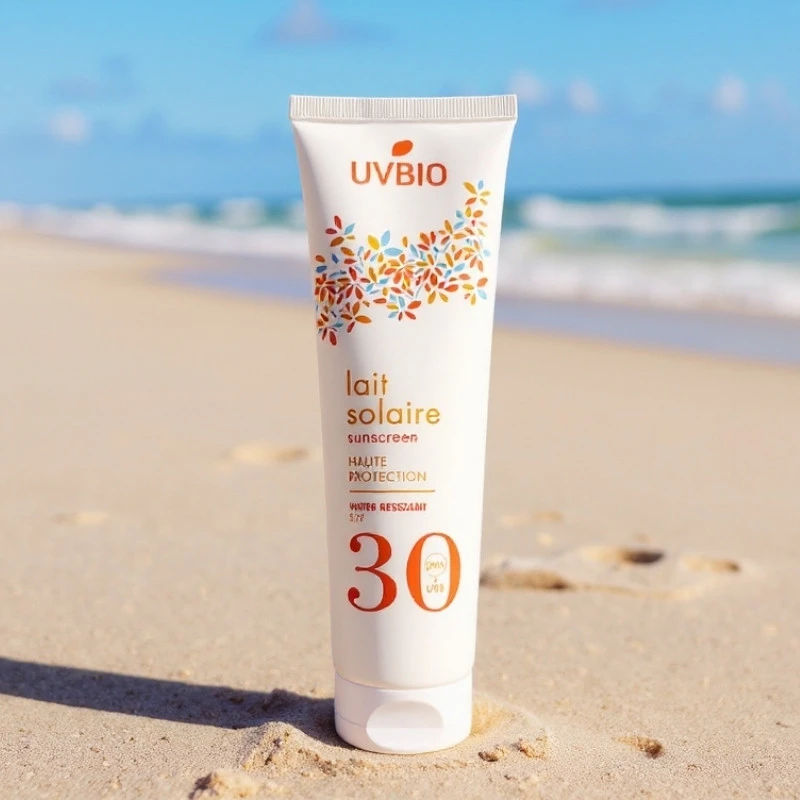 Tube-de-crème-solaire-indice-30-sur-la-plage Tube de crème solaire indice 30 sur la plage
