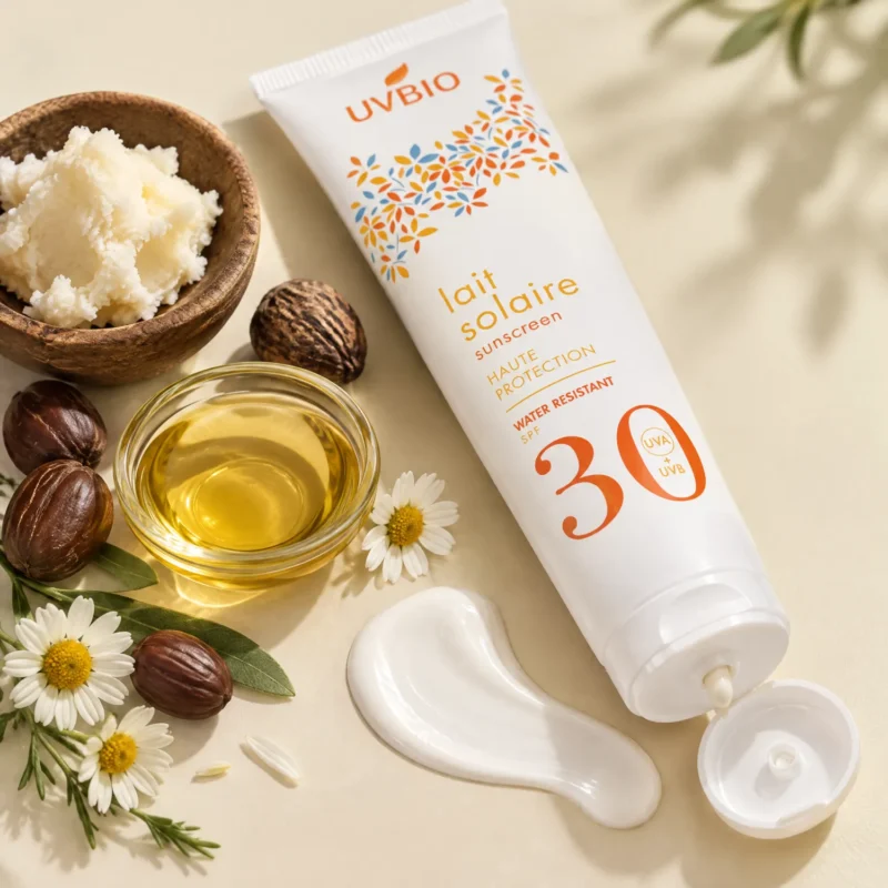 Texture lait blanc fluide sortant du tube solaire SPF30
