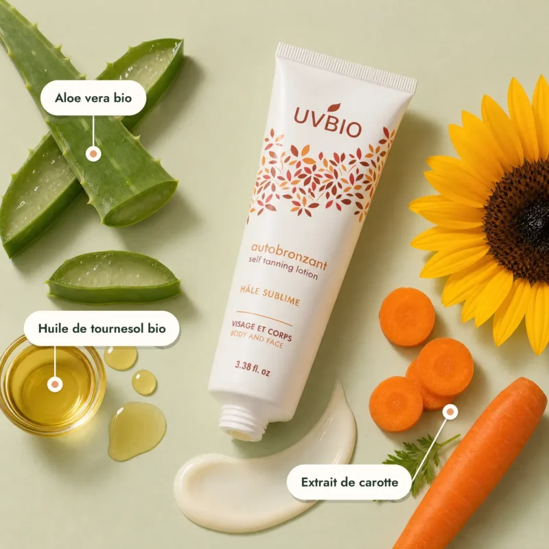 Tube autobronzant UVBIO entouré d'aloe vera, carotte et tournesol