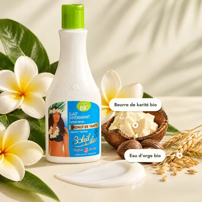 Lait après-soleil monoï Soleil des îles, texture, karité et tiarés