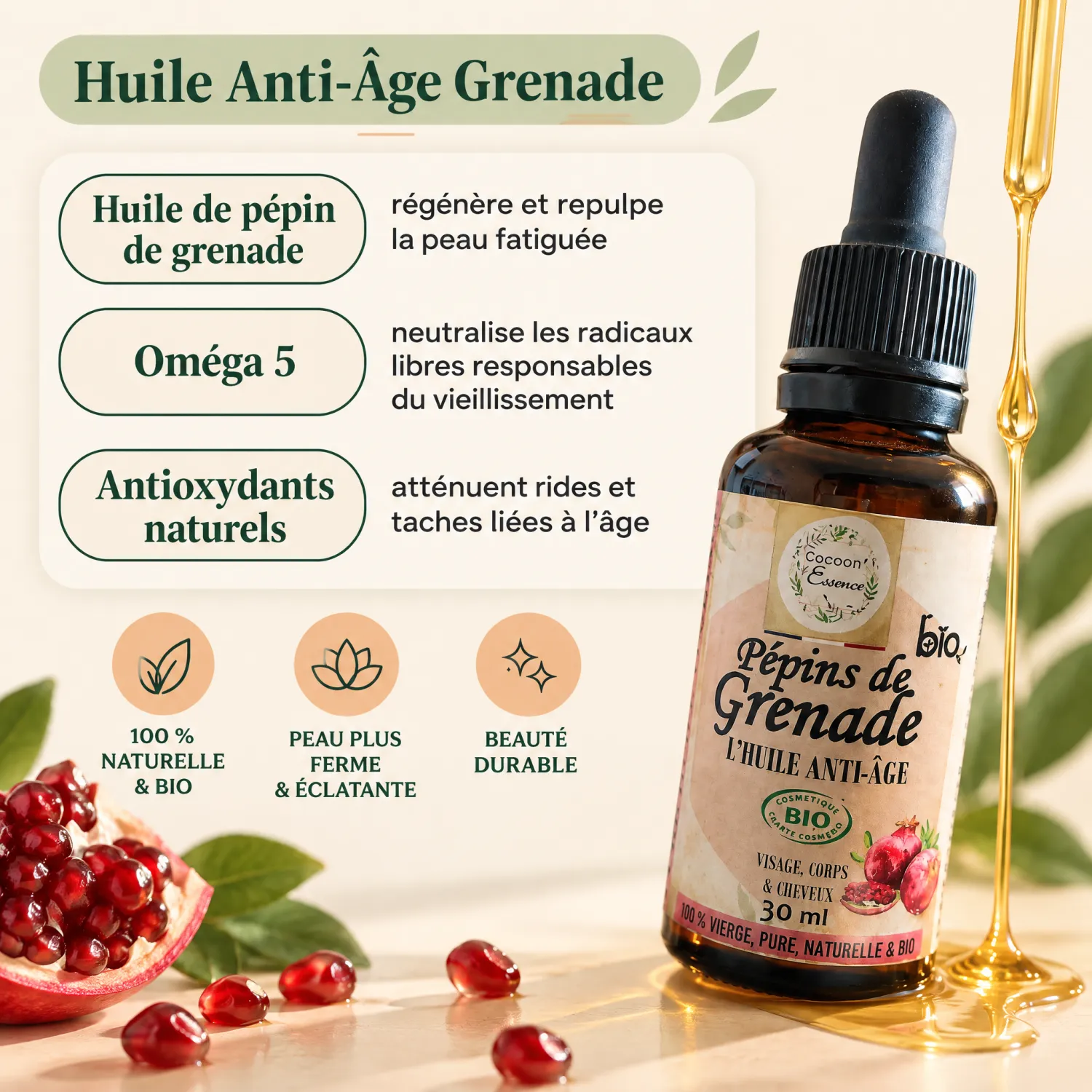 Huile de pépin de grenade bio Cocoon'Essence 30 ml et ses bienfaits