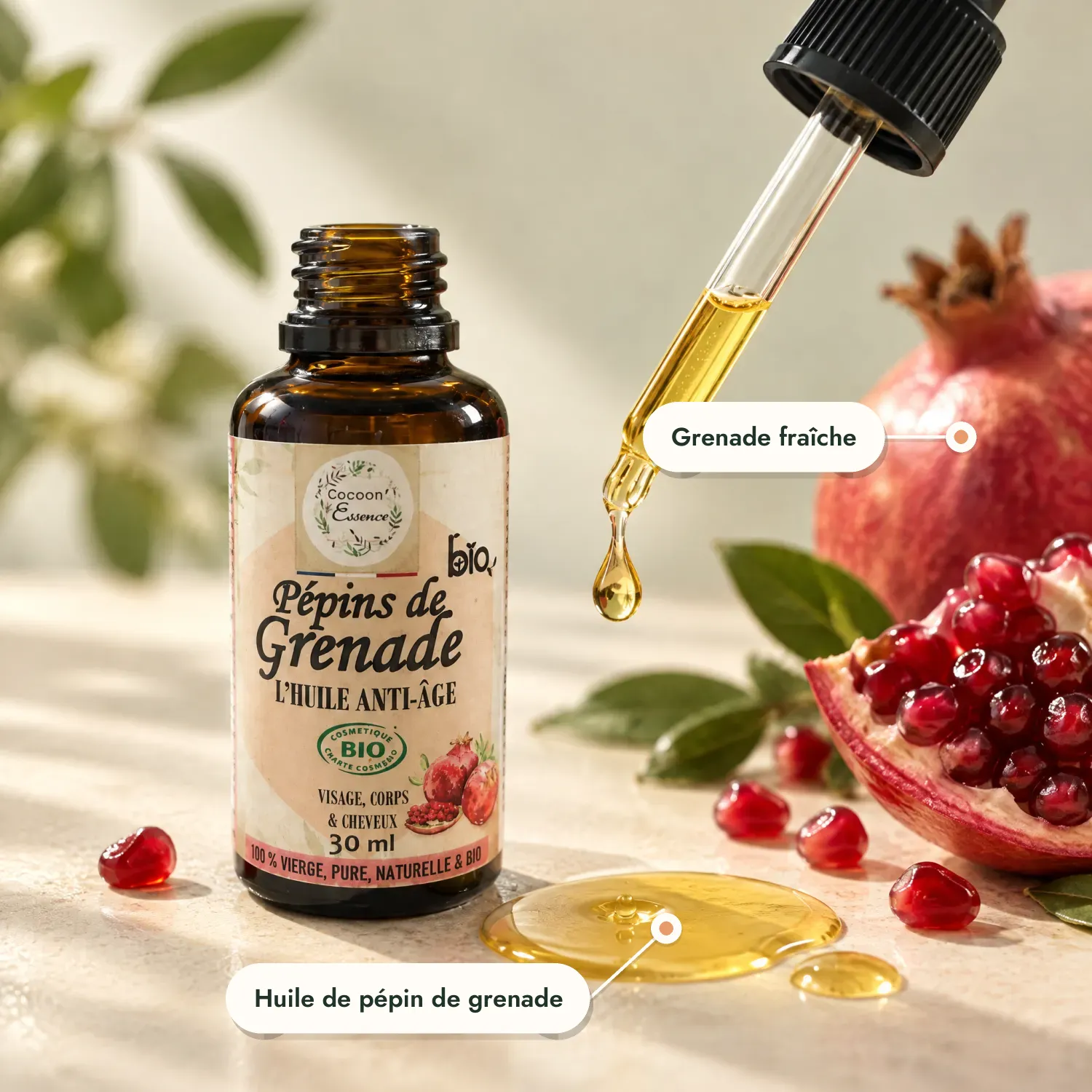 Goutte d'huile de pépin de grenade bio et flacon Cocoon'Essence