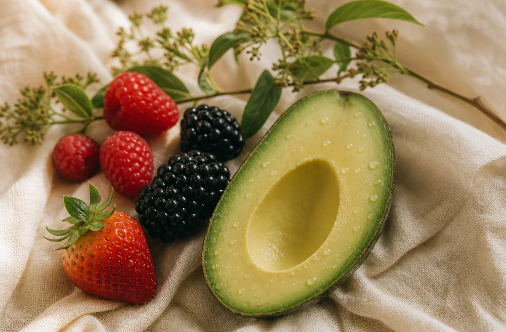 Aliments riches pour une belle peau — avocat et fruits rouges, beauté bio
