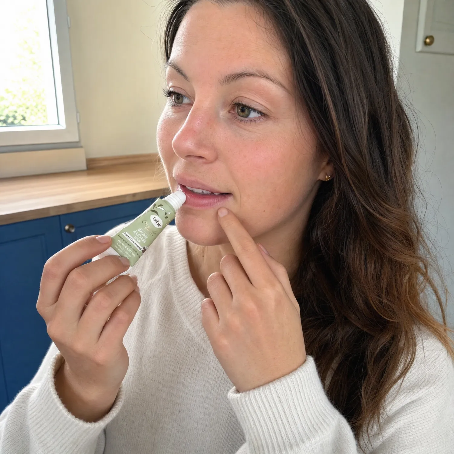 Femme appliquant le baume lèvres détox Yerba Maté TREW