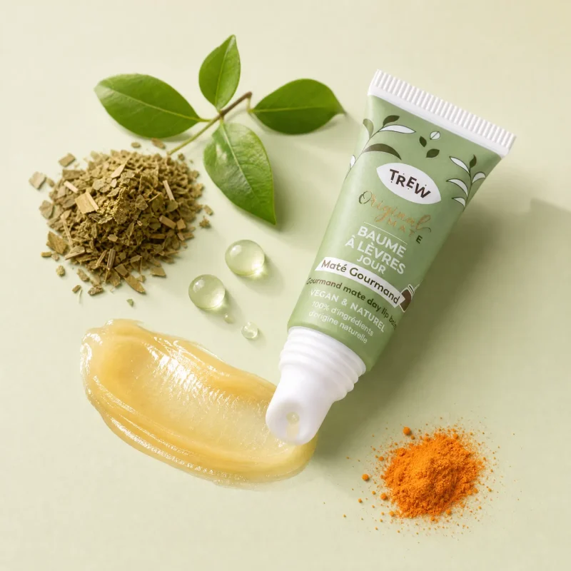 Baume lèvres TREW Maté Gourmand tube vert texture dorée mate