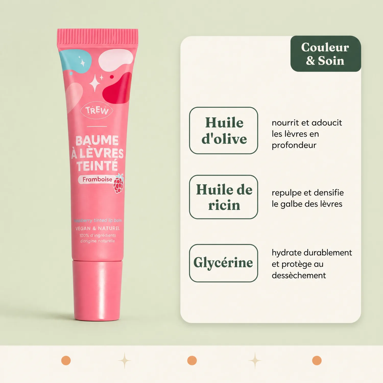 Baume lèvres teinté framboise TREW huile olive ricin glycérine