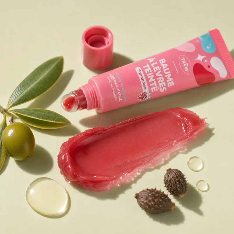 Baume lèvres teinté framboise TREW texture rose et olive bio