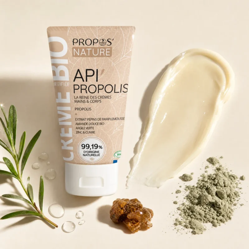 Crème Bio Propolis Propos'Nature texture crémeuse et résine dorée