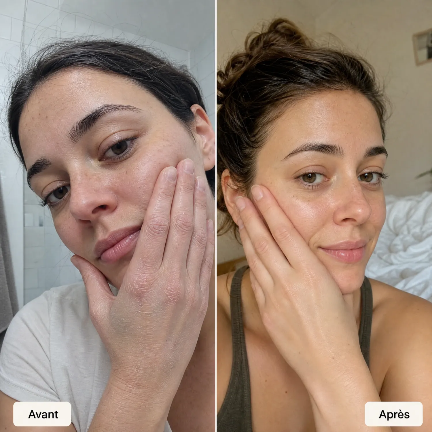 Mains et visage femme avant après crème mains réparatrice nuit