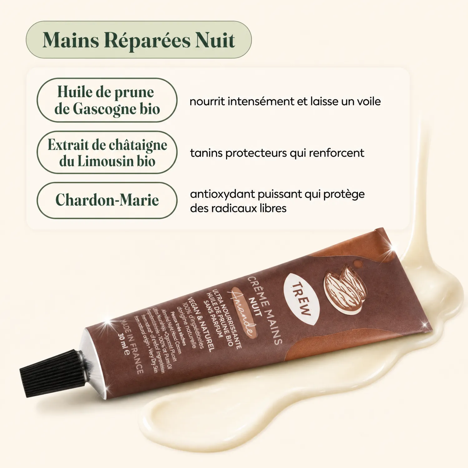 Crème mains nuit TREW aux actifs bio prune châtaigne chardon-marie