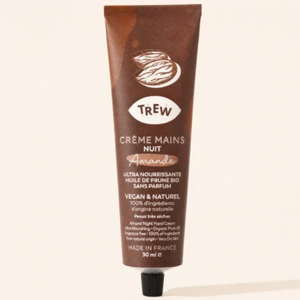 Tube marron Crème Mains Nuit Amande TREW 30 ml fond beige