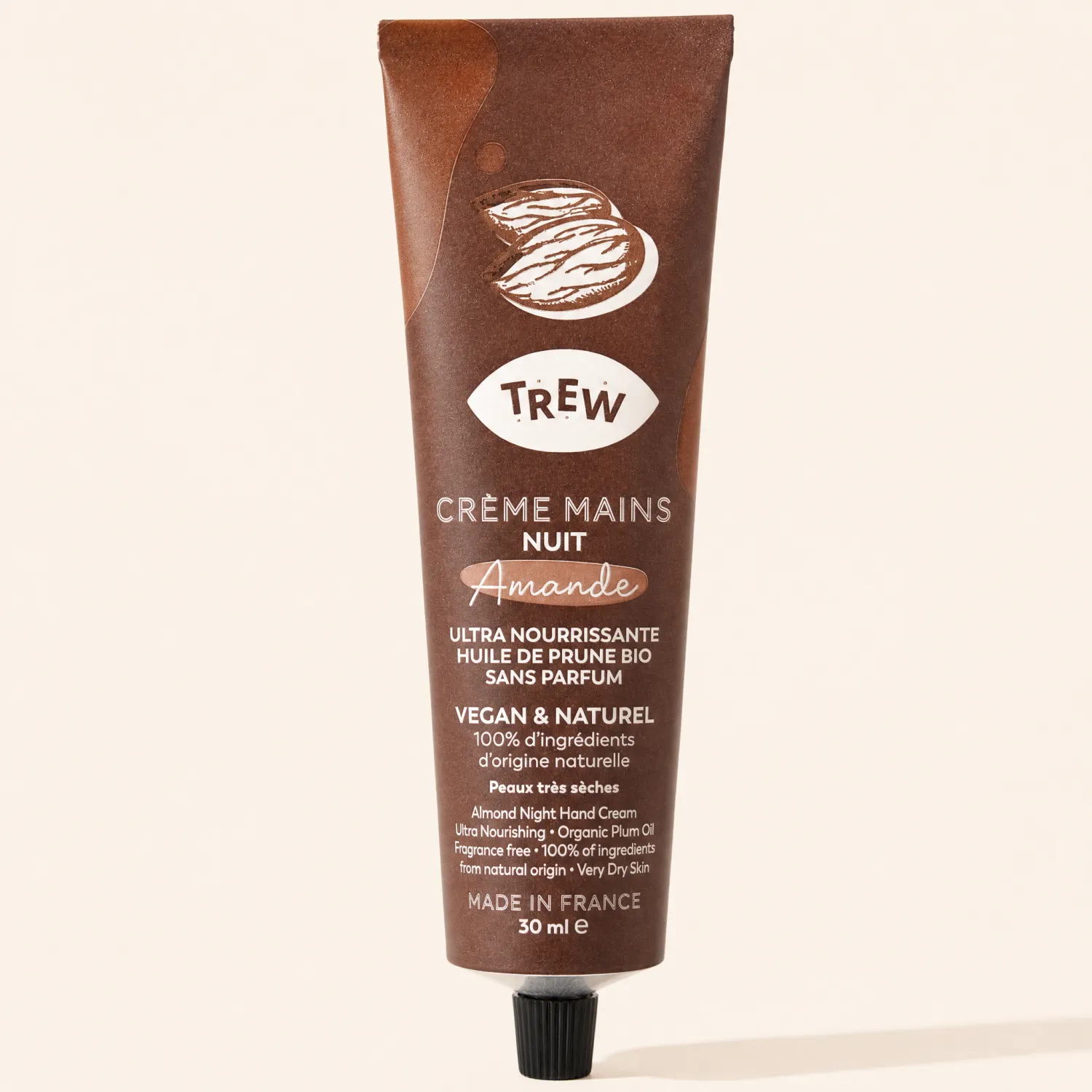 Tube marron Crème Mains Nuit Amande TREW 30 ml fond beige