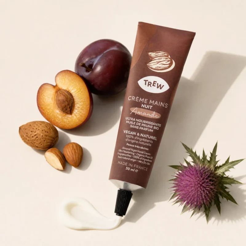 Tube crème mains nuit TREW amande, prune bio et texture crémeuse