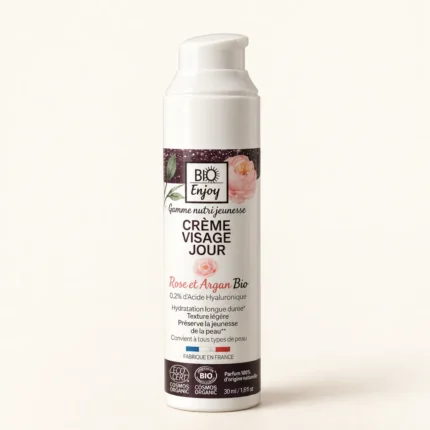 Flacon pompe blanc Crème Visage Jour Bio Rose et Argan 30 ml