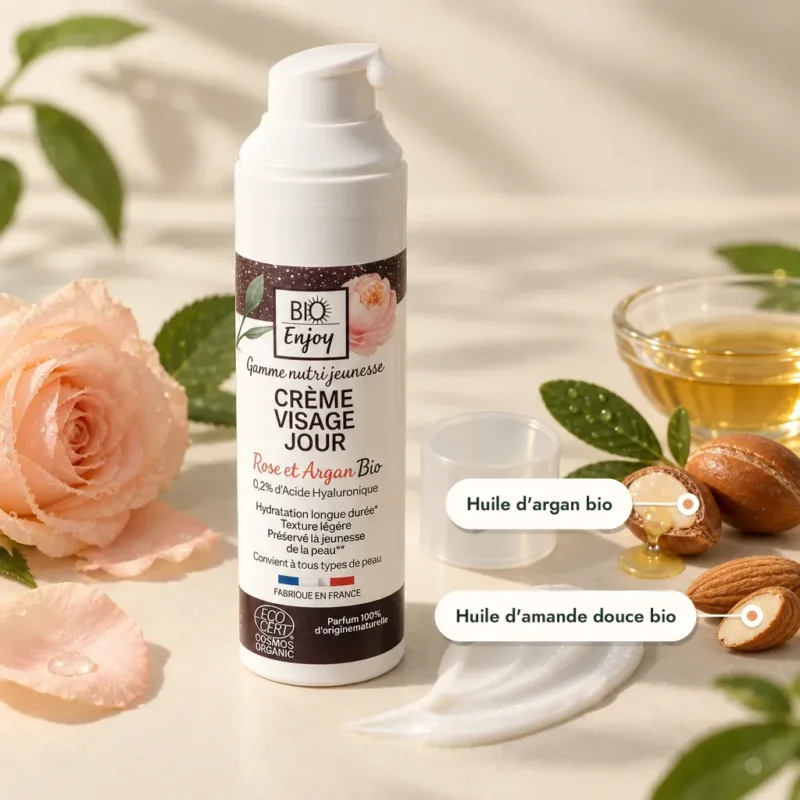 Flacon crème visage jour bio, texture onctueuse, rose et argan
