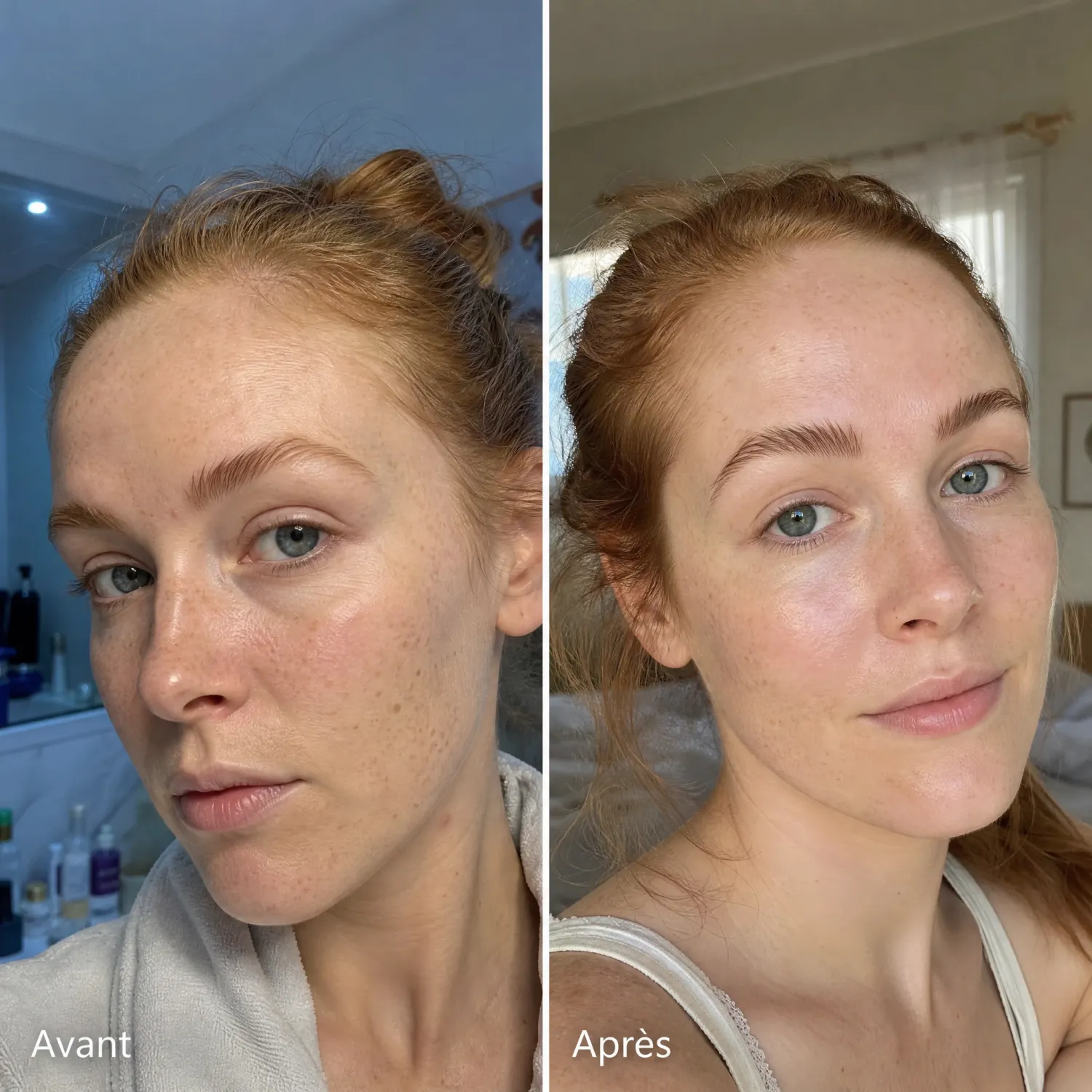 Avant après crème nuit bio visage femme peau lumineuse