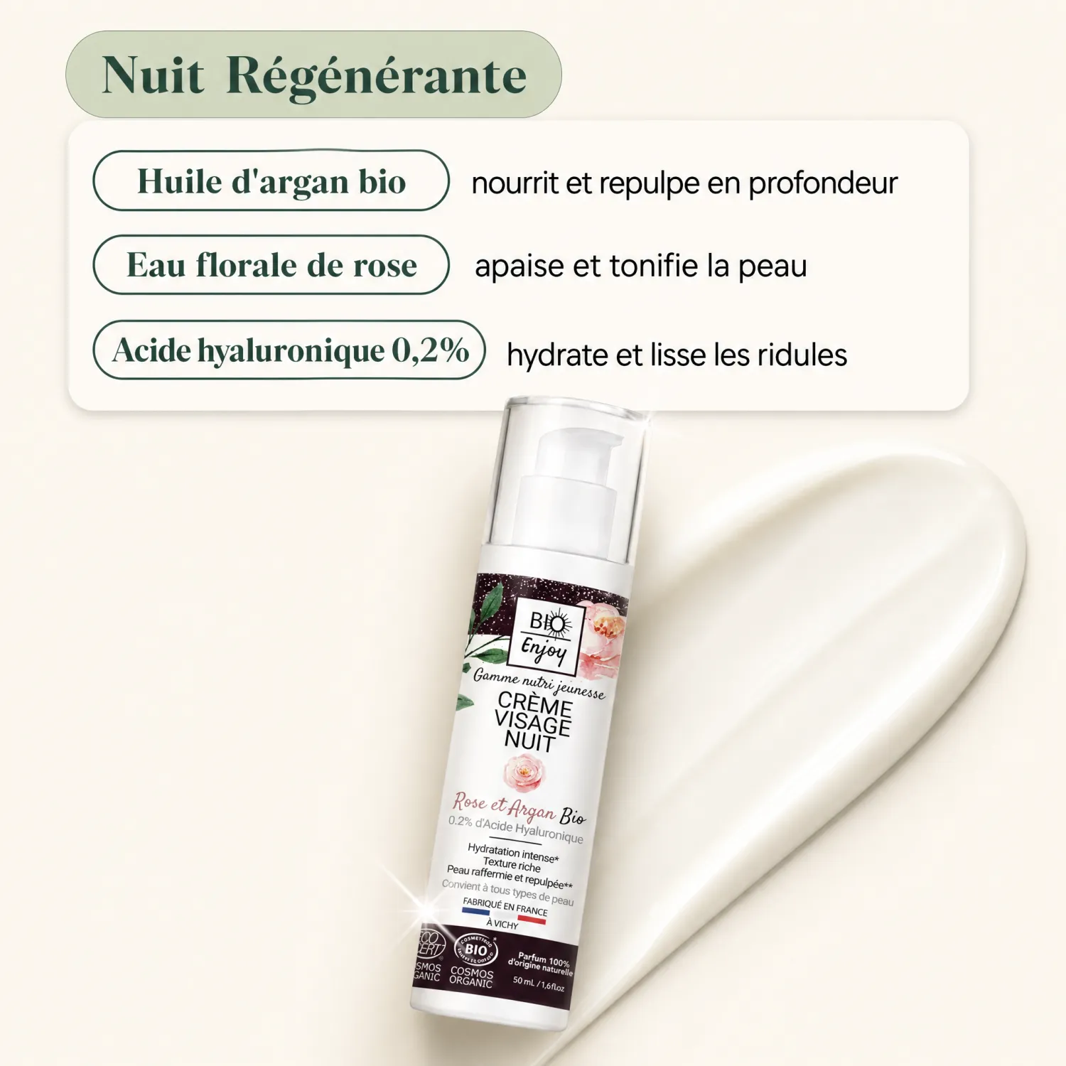 Crème nuit bio argan rose acide hyaluronique 0,2% actifs clés