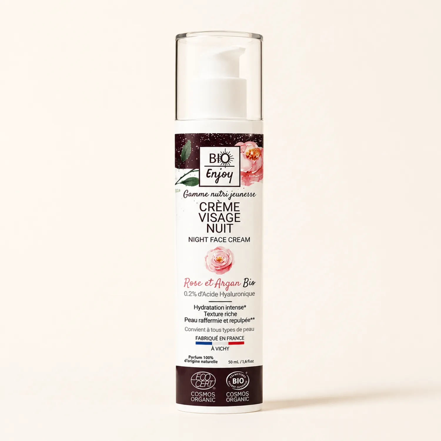 Flacon pompe Crème Visage Nuit Bio Rose & Argan Bio Enjoy 50ml