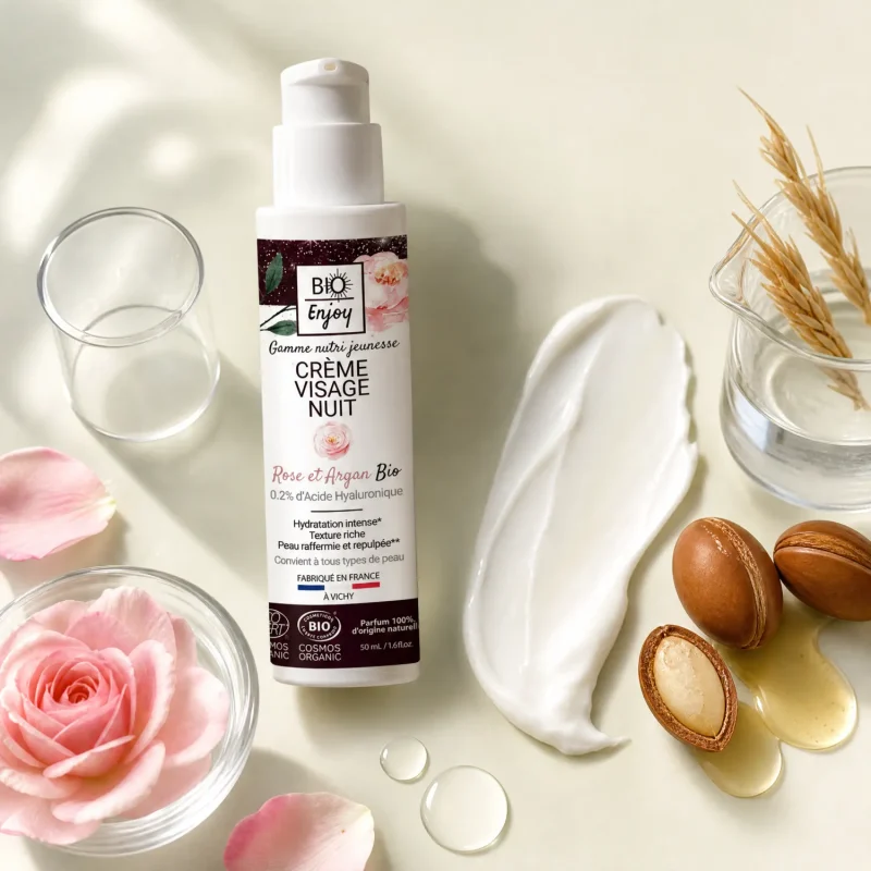 Crème nuit bio Rose Argan texture onctueuse et noix d'argan